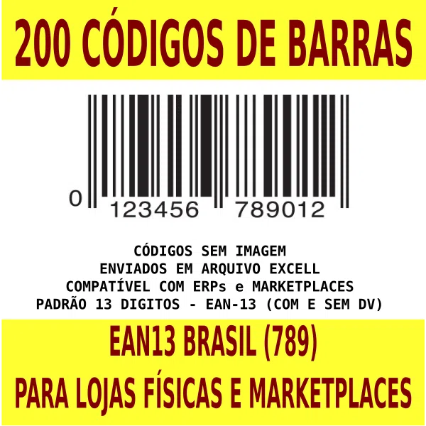 200 Códigos De Barra Padrão Brasileiro (EAN-13) Para Uso em MarketPlaces e Lojas Físicas - PADRÃO SKU - Gestão de Loja e Estoque (ERP)
