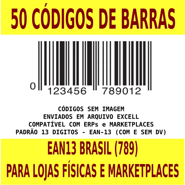 50 Códigos De Barra Padrão Brasileiro (EAN-13) Para Uso em MarketPlaces e Lojas Físicas - PADRÃO SKU - Gestão de Loja e Estoque (ERP)