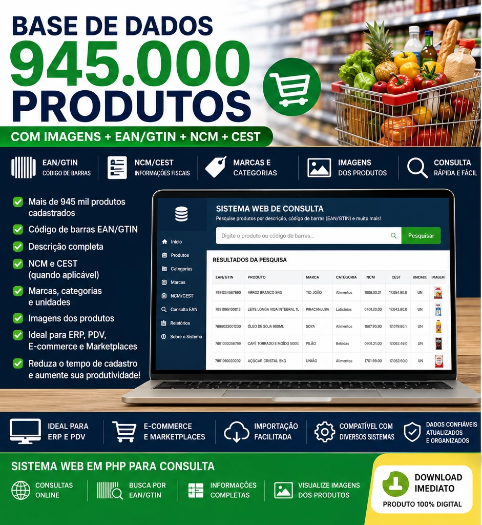 Base de Dados CADASTRO DE PRODUTOS + API DE CONSULTA
