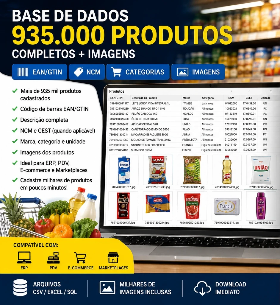 Base de Dados CADASTRO DE PRODUTOS PARA SUPERMERCADOS - HOTFRUITI - LOJA DE VARIEDADES - 935 MIL PRODUTOS COMPLETOS COM IMAGENS