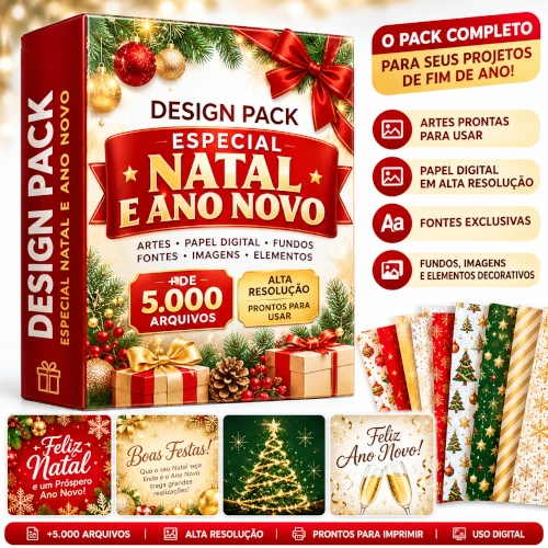 DESIGN PACK - ESPECIAL NATAL E ANO NOVO - ARTES, PAPEL DIGITAL, FUNDOS, FONTES, IMAGENS, ELEMENTOS